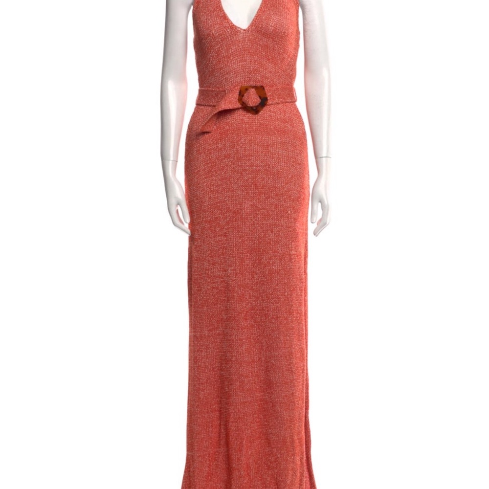 NICHOLAS Orange Pink Sheath Maxi Dress V-Neck Sleeveless
